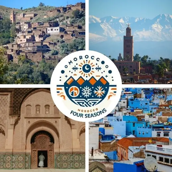 Collage of Moroccan landscapes and architecture, centered by Morocco Four Seasons logo